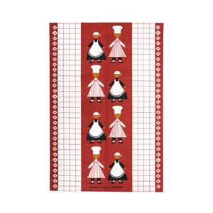 red & white drying up kitchen tea towel cloth in cotton/linen with dancing cooks in the design dancing cooks tea towel - red