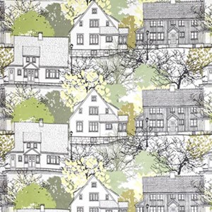 lime green prastliden cotton curtain fabric print of houses by Gunilla Gunnarsson prastliden fabric - lime