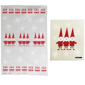 red and white nordic elves xmas tea towel for scandinavian Christmas and washing cloth gift set nordic elves tea towel & cloth gift set