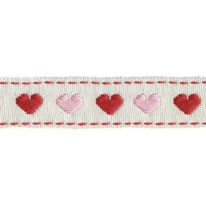 pink & red love heart decorative trimming interior braid bordered by red stitching love heart trim