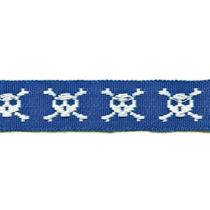 skull and crossbones in blue motif decorative woven trimming braid mr bones trim - blue