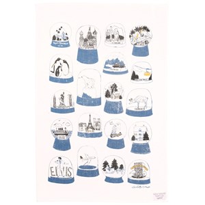 snow globe kitchen tea towel in blue and white shake it snow globe tea towel