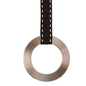 polished stainless steel ring window spring blind pull with a black and white ribbon stainless steel ring pull - black ribbon