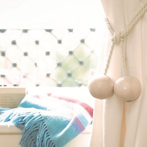 large wooden ball tiebacks -  whitewash