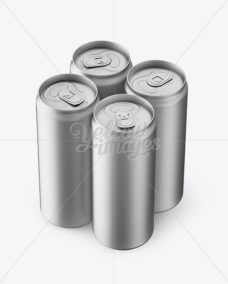 Free 4 Matte Metallic Aluminium Cans Mockup - Half Side View (High Angle Shot) PSD Mockups