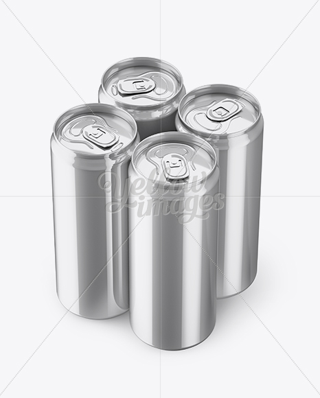 Free 4 Metallic Aluminium Cans Mockup - Half Side View (High Angle Shot) PSD Mockups