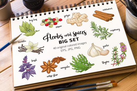 40 colored spices and herbs