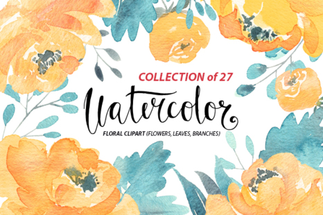 Watercolor blue and yellow flowers