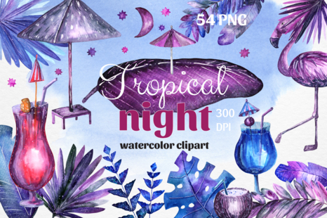 Tropical night - Watercolor set on Yellow Images Creative Store