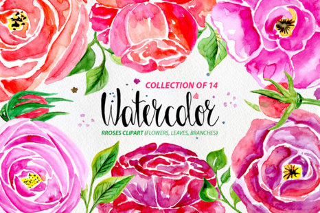 Watercolor flowers, 14 elements
