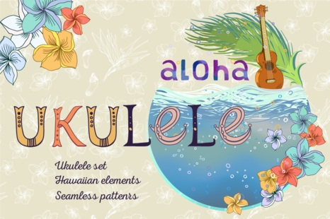 Ukulele set with Hawaiian patterns and elements