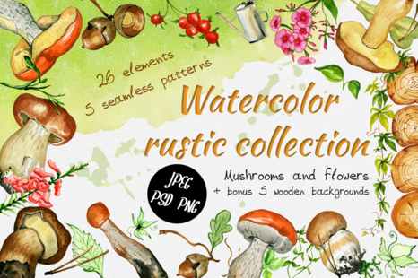 Watercolor rustic set with Mushrooms