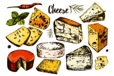 Collection of hand drawing cheeses