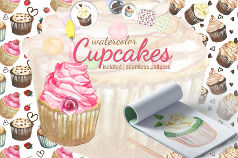 Cupcakes Watercolor Set In Illustrations On Yellow Images Creative Store