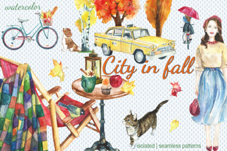 City in fall watercolor set