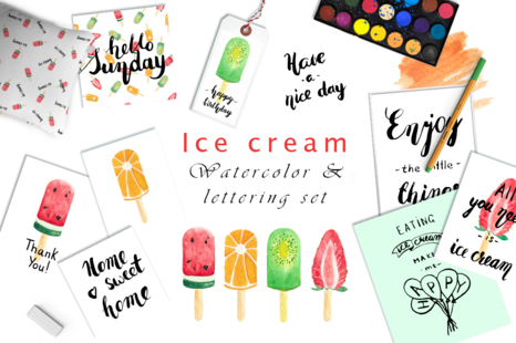 Ice cream - watercolor and lettering set