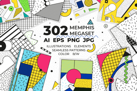 302 memphis illustrations + elements + seamless patterns