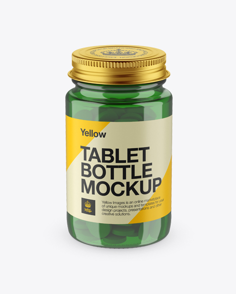 Green Pill Bottle With Metal Cap PSD Mockup High-Angle Shot