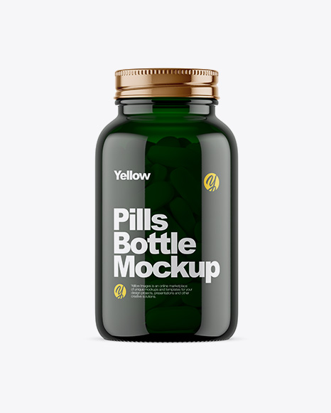 Dark Green Glass Bottle With Pills Mockup