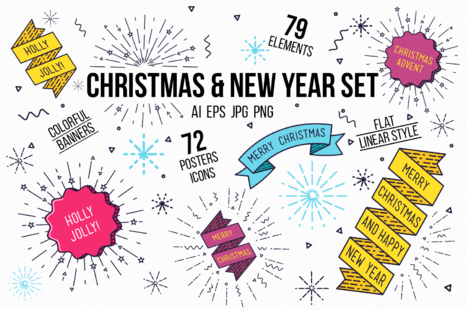 Christmas, new year flat posters set