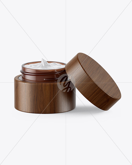 Opened Amber Glass Cosmetic Jar in Wooden Shell Mockup PSD #3