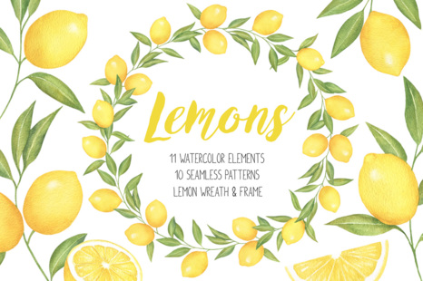 Lemon and Citrus Watercolor Clipart, Lemon wreath, seamless pattern