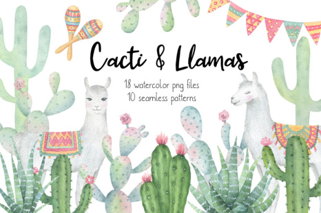 Cactus and Llama watercolor clipart and patterns