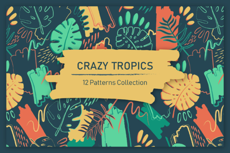 Crazy Tropics. 12 Patterns Set on Yellow Images Creative Store