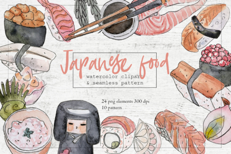 Watercolor sushi set of beautiful tasty japanese sushi illustration. Hand drawn objects