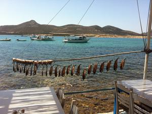 Akrogiali - Dhespotiko Bay, Agrogiali restaurant, sun dried mackerel and octopus