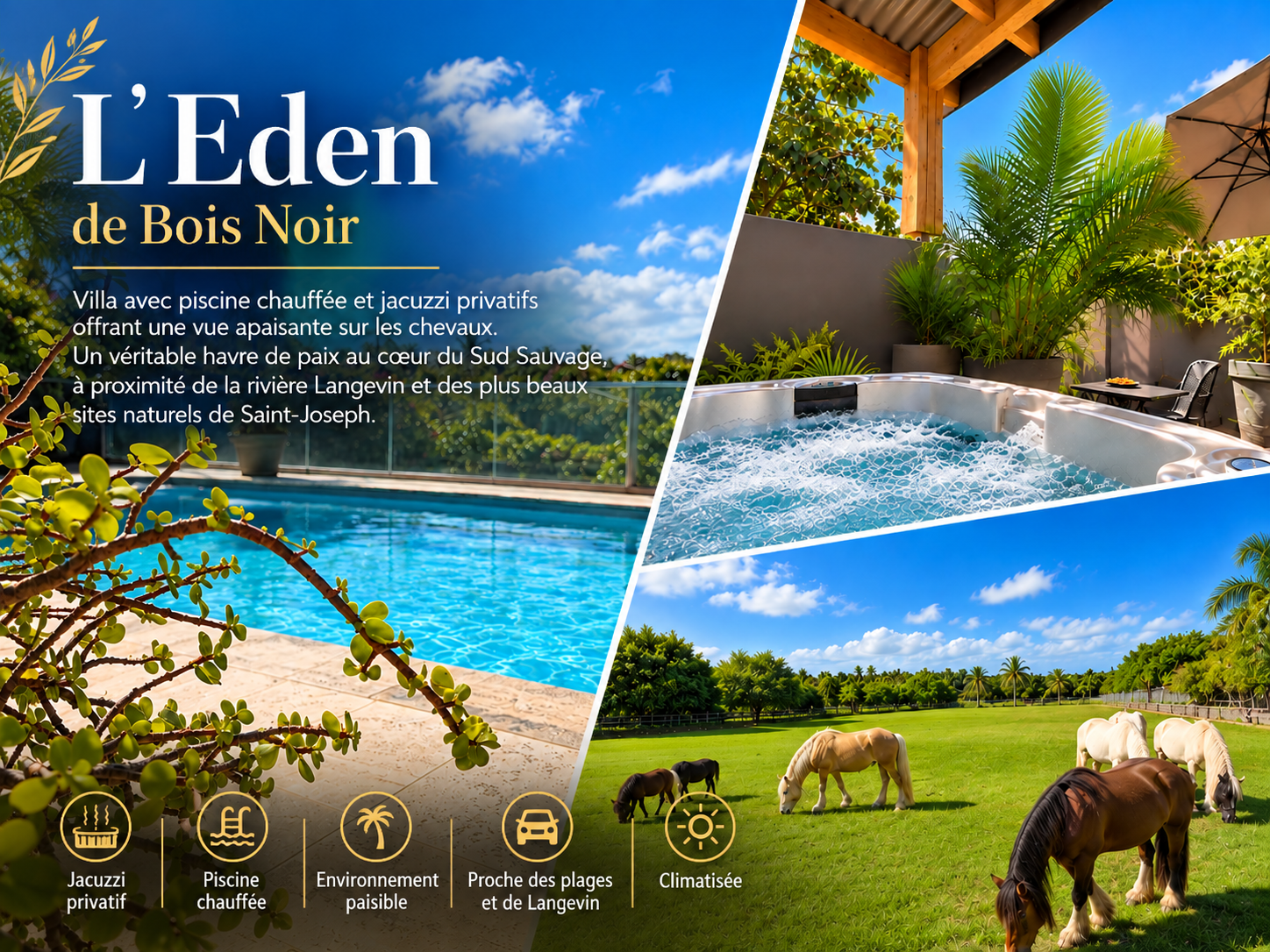 photo 📍 Langevin – Saint-Joseph – 6 personnes – Piscine chauffée & jacuzzi privatifs – Vue sur les chevaux