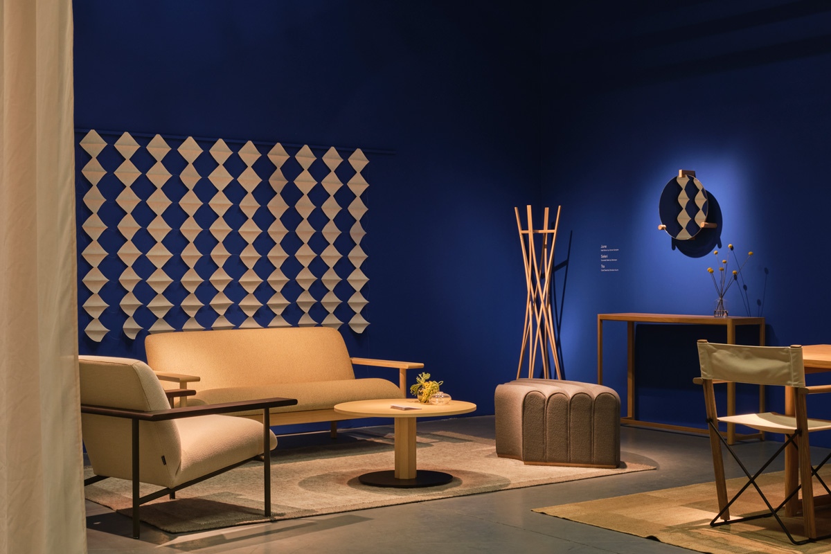 Kinoko armchair and sofa, with Arkad puff, Tea coat stand, June mirror and Seleri console table